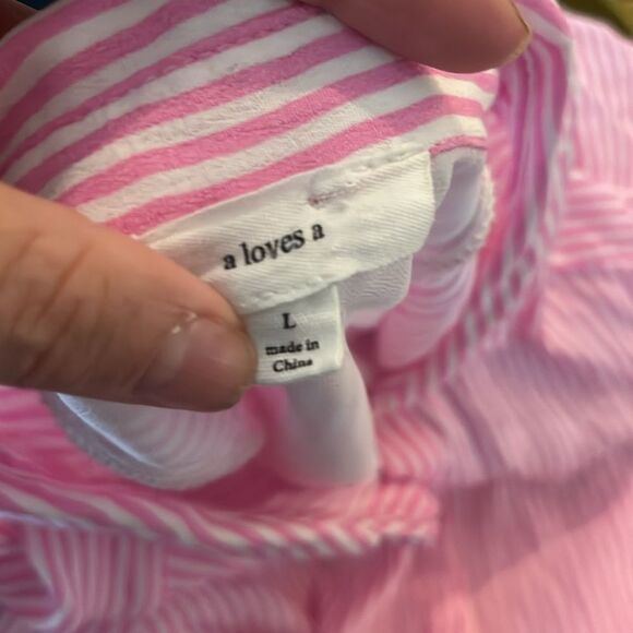 A Loves A Pinstripe Pink and White Striped Tiered Midi Shirt Dress, size L - Picture 8 of 10